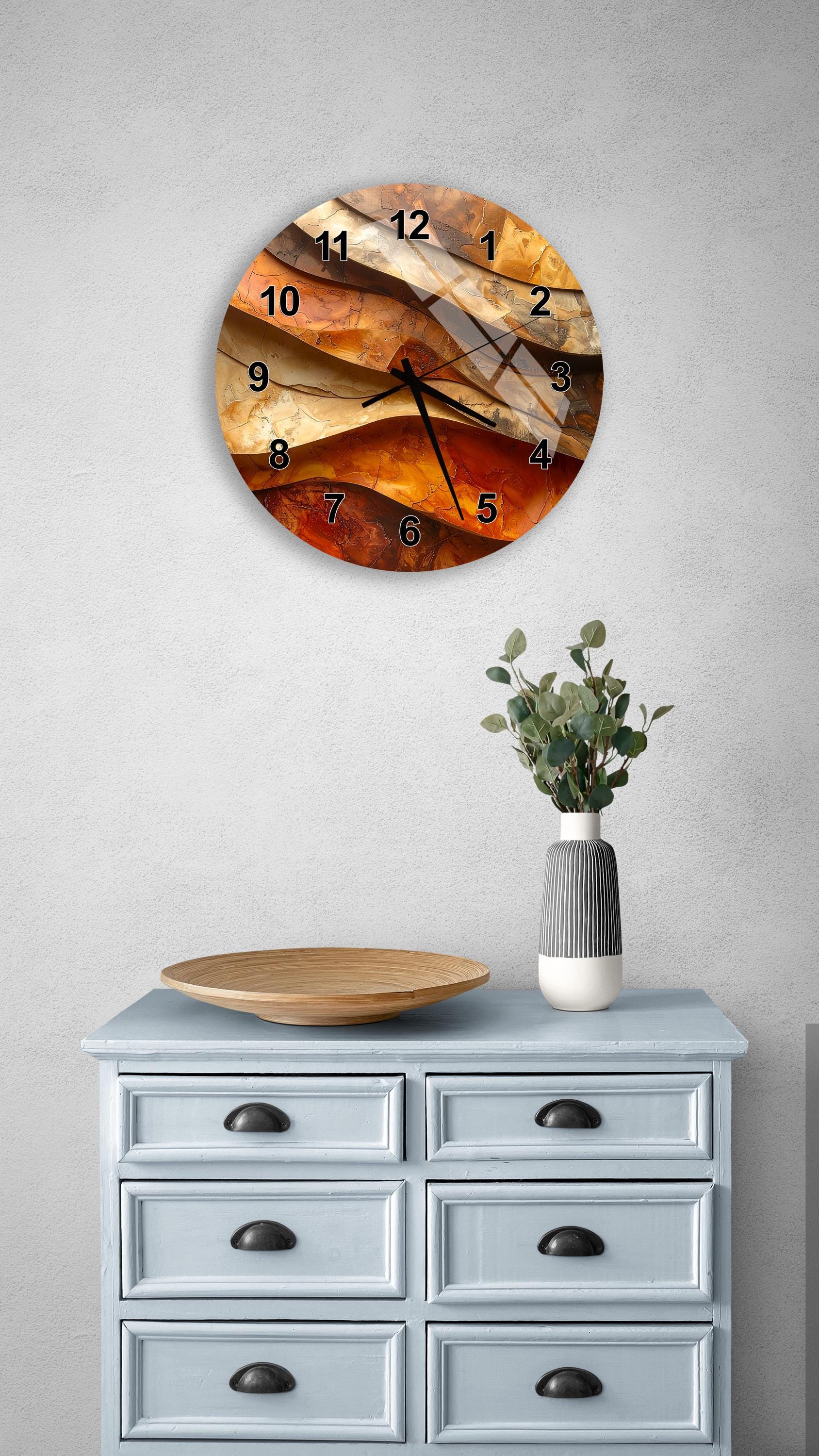 Abstract Art Clock: Earthy Wave Pattern - Tempered Glass, Large Round ...