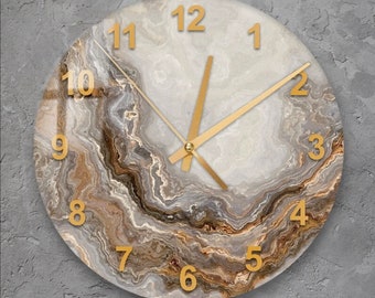 Horloge murale abstraite en verre, art mural, horloge murale moderne en verre trempé de style marbré, cadeau de pendaison de crémaillère, décoration murale or unique