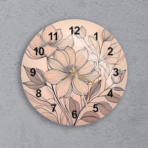 Elegant Floral Line Art Tempered Glass Wall Clock – Unique Hand-Drawn Flower Design, Modern Home Decor & Thoughtful Gift for Couples