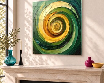 Concentric Spiral Swirl Tempered Glass Wall Art featuring Abstract Impasto Painting Style