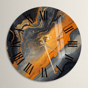 Tempered Glass Marbled Style Wall Clock Wall Art, Abstract Orange Gray Unique Office Decor, Colorful Home Decor, Contemporary New Home Gift