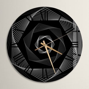 Glass Geometric Wall Clock Wall Art, Abstract Dark Tempered Glass Wall Clock for Living Room, Unique Housewarming Gift, Modern Home Decor