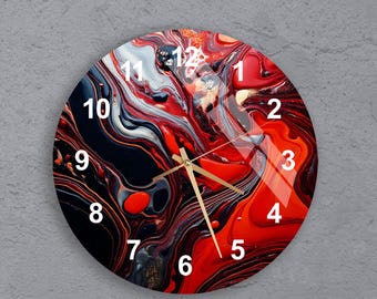 Reloj de pared abstracto moderno, diseño de remolinos rojos y negros, reloj de cristal templado, decoración única para el hogar, reloj de pared silencioso, regalo para la sala de estar o la oficina.
