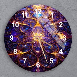 May include: A round clock with a purple, gold, and blue abstract design. The clock face has Roman numerals and gold hands.