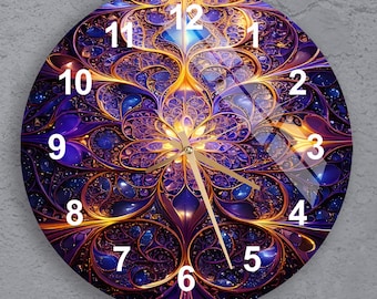 Galaxy Purple Wall Clock, Glass Fractal Art Clock with Numbers, Silent Modern Decor for Home or Office, Unique Gift Clock, Aesthetic