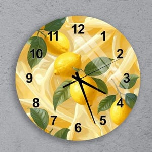 May include: Round wall clock with a yellow background and a lemon fruit design. The clock face features yellow lemons, green leaves, and black clock hands. The numbers are black and are placed around the clock face.