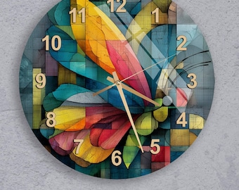 Abstract Butterfly Tempered Glass Wall Clock, Colorful Geometric Art Decor, Modern Large Timepiece, Unique Housewarming Gift, Vibrant Print