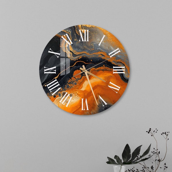 Tempered Glass Abstract Wall Clock Wall Art, Marbled Style Orange Unique Home Decor, Home Gift for Couples, Contemporary Office Gift