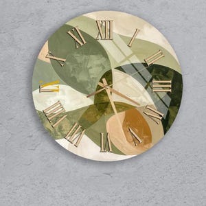 Reloj de pared de vidrio templado con diseño abstracto de arte terroso. Decoración minimalista para el hogar, grande, redonda, verde salvia. Regalo único para inauguración de la casa.