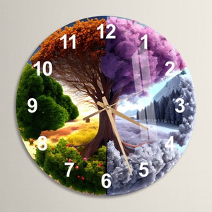 Abstrakcyjny zegar ścienny ze szkła Four Season, sztuka ścienna, zegar ścienny Nature Hartowane szkło do kuchni, kolorowy prezent na parapetówkę, wyjątkowy wystrój domu