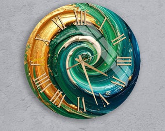 Luxury Tempered Glass Wall Clock, Green Gold and Blue Swirl Art - Modern Abstract Decor for Living Room, Silent Clock, Christmas Gift