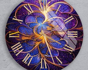 Modern Glass Wall Clock, Abstract Art Clock in Purple and Gold, Roman Numerals, Silent Clock for Living Room or Office, Aesthetic Decor