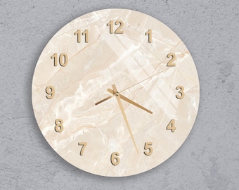 Elegant Marble Design Tempered Glass Wall Clock, Minimalist Wall Decor Modern Beige and Gold Art, Silent Clock for Office, Housewarming Gift