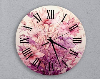 Floral Glass Wall Clock, Tempered Glass Pink and Purple Flower Art Decor, Cottagecore Style Clock, Elegant Home Accent, Garden Kitchen Clock