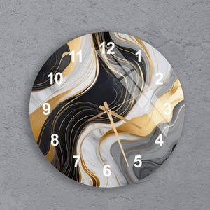 Tempered Abstract Style Glass Wall Clock Wall Art, Liquid Swirls in Beautiful Black Colors with Gold Powder, Unique Decor, Home Gift