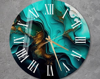 Tempered Glass Abstract Wall Clock Wall Art, Marbled Style, Unique Housewarming Gift, Emerald with Gold Home Decor, Contemporary Home Gift