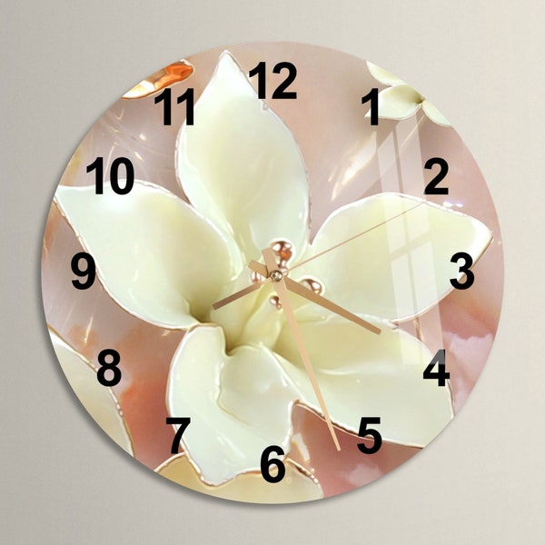 Glass White Flower Wall Clock Wall Art, Floral Pink Tempered Glass Wall Clock for Bedroom, Natural Housewarming Gift, Unique Gold Home Decor