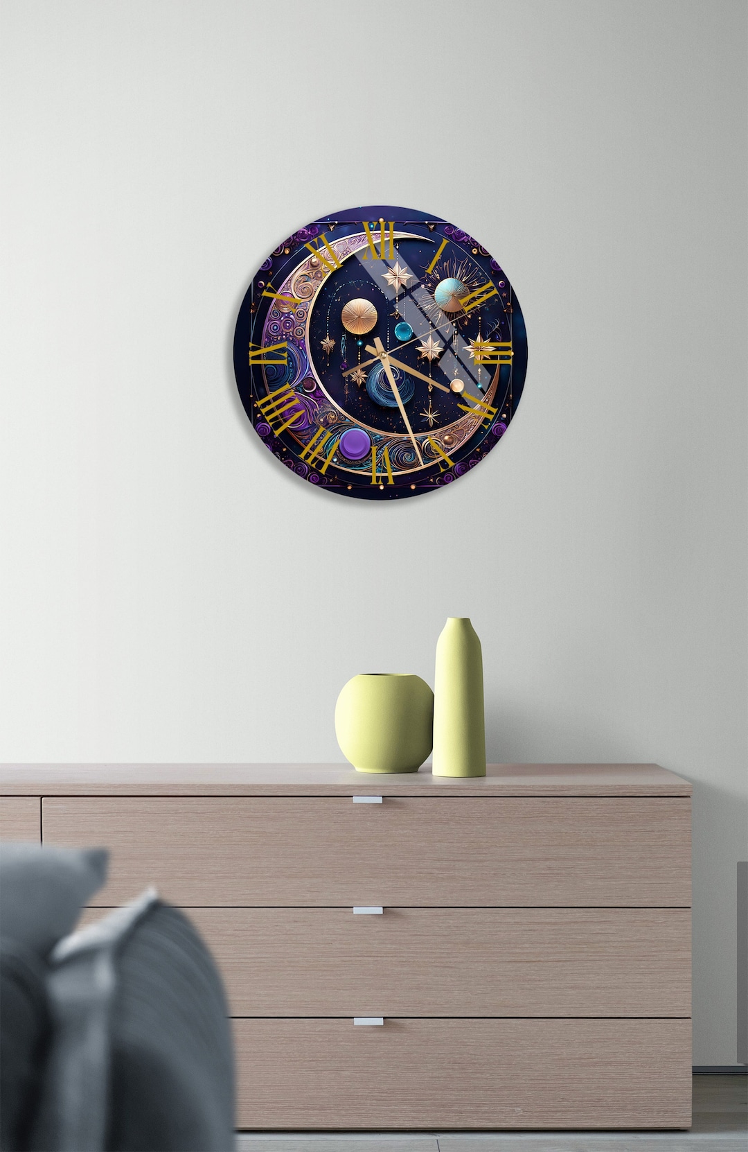 Celestial and Lunar Phases Tempered Glass Wall Clock Wall Art Deep Blue ...