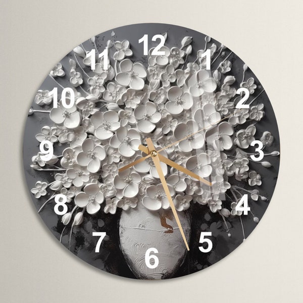 Glass White Flowers Wall Clock Wall Art, Floral Tempered Glass Wall Clock for Kitchen, Natural Housewarming Gift, Unique Home & Office Decor