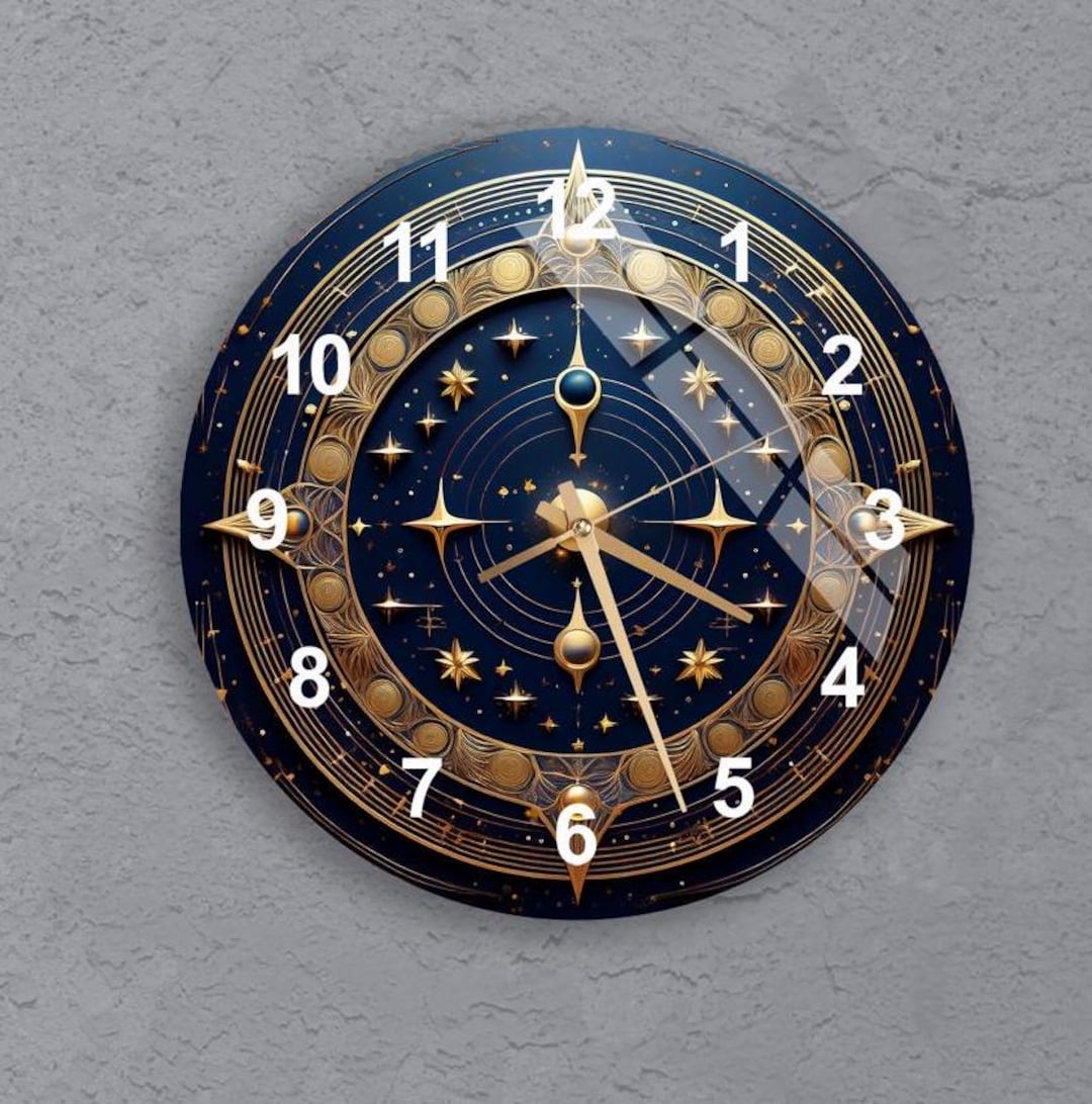 Celestial and Lunar Phases Tempered Glass Wall Clock Wall Art Gold ...