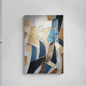 Blue and Gold Abstract Tempered Glass Wall Art: Contemporary Home Decor