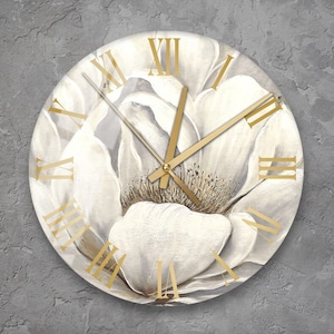 Peony Glass Wall Clock Wall Art, Floral Tempered Glass Wall Clock, White Blossom Housewarming Couple Gift, Unique Flower Home Decoration