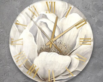 Peony Glass Wall Clock Wall Art, Floral Tempered Glass Wall Clock, White Blossom Housewarming Couple Gift, Unique Flower Home Decoration