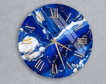 Reloj de pared de lujo con cristal templado de ágata azul, arte de pared de mármol dorado: decoración moderna y glamurosa para la sala de estar, regalo de inauguración de casa, reloj silencioso.