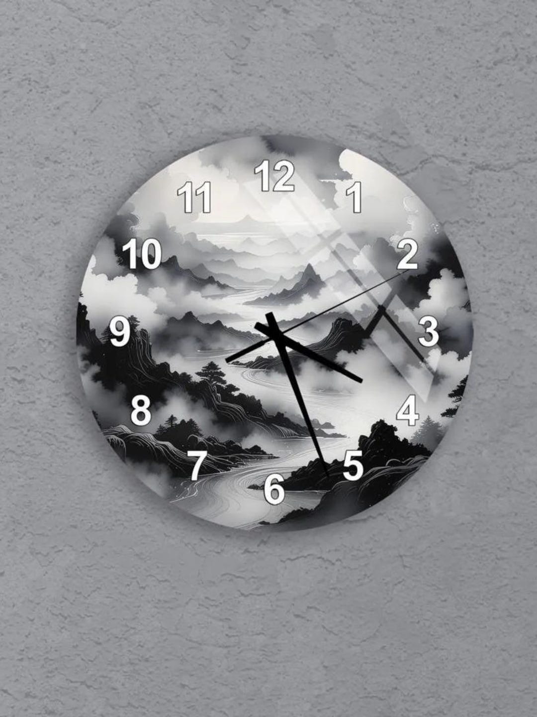 Glass Wall Clock Zen Monochrome Mountain Landscape, Ink Wash Style ...