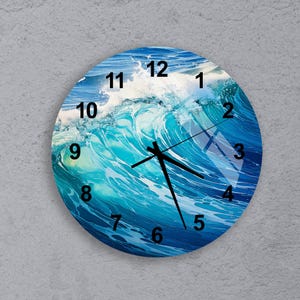 Ocean Wave Glass Wall Clock, Coastal Beach Style Decor in Tempered Glass, Blue Sea Artwork, Nautical Themed Spaces, Home Gift For Couples