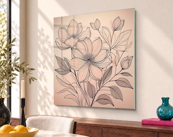 Flower And Leaves Line Art Minimalist Botanical Tempered Glass Wall Art in Light Peach - Perfect Plant Lover Gift for Home Decor