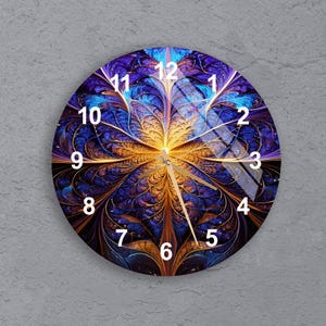 May include: A round clock with a blue, purple, and gold abstract design. The clock face has Roman numerals and gold hands.