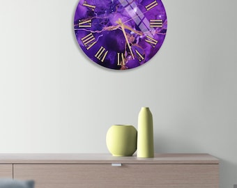Purple Abstract Wall Clock, Violet Fluid Art Decor, Modern Tempered Glass Timepiece, Luxury Marble Effect Round Watch for Home