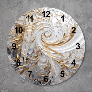 Glass Abstract Wall Clock Wall Art, White Floral Tempered Glass Wall Clock for Living Room, Modern Housewarming Gift, Unique Gold Home Decor
