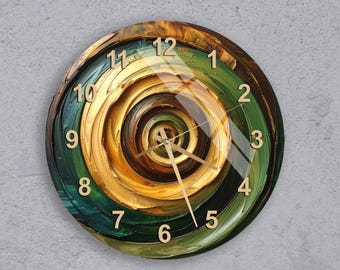 Groene en gouden wandklok van gehard glas, getextureerde abstracte werveling - Impasto-stijl woonkamerkunst, uniek housewarmingcadeau, stille klok