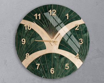 Repeating Geometric Fan Shapes Tempered Glass Wall Clock in Dark Green Art Deco Style Luxury Interior Lover Gift, Thanksgiving Gift