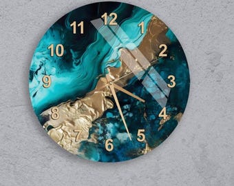 Modern Abstract Glass Wall Clock, Teal and Gold Art Silent Non-Ticking, Elegant Statement Decor for Living Room Minimalist Contemporary Gift