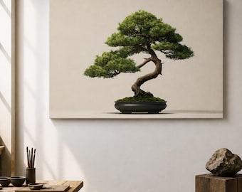 Bonsai Tree, Minimalist Large Canvas Wall Art, Beige and Green Hues, Zen Decor, For Living Room, Plant Lover Gift, Thanksgiving Gift