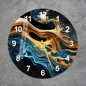 Modern Abstract Glass Wall Clock, Blue and Gold Art, Silent Non-Ticking Contemporary Decorative Wall Art, Stylish Minimalist Home Decor Gift