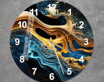 Modern Abstract Glass Wall Clock, Blue and Gold Art, Silent Non-Ticking Contemporary Decorative Wall Art, Stylish Minimalist Home Decor Gift