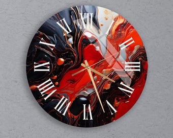 Reloj de pared de cristal con arte abstracto en rojo y negro, reloj silencioso de cristal templado, decoración moderna y llamativa para oficina, cocina, sala de estar, regalo para el hogar.