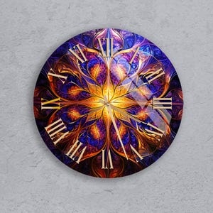 Fractal Tempered Glass Wall Clock, Vibrant Mandala Art Clock, Abstract Boho Decor, Psychedelic Wall Art, Unique Gift for Home