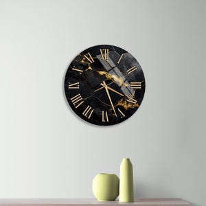 Black Marble Wall Clock, Luxury Gold Art, Large Tempered Glass Decor, Modern Round Timepiece, Roman Numeral Office Gift, Abstract Design