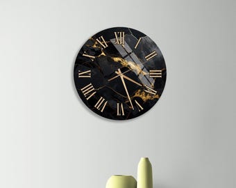 Black Marble Wall Clock, Luxury Gold Art, Large Tempered Glass Decor, Modern Round Timepiece, Roman Numeral Office Gift, Abstract Design