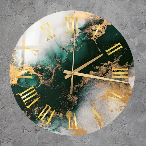 Horloge murale abstraite en verre trempé, art mural, style marbré, pendaison de crémaillère unique, décoration d'intérieur dorée, cadeau contemporain pour la maison ou un mariage