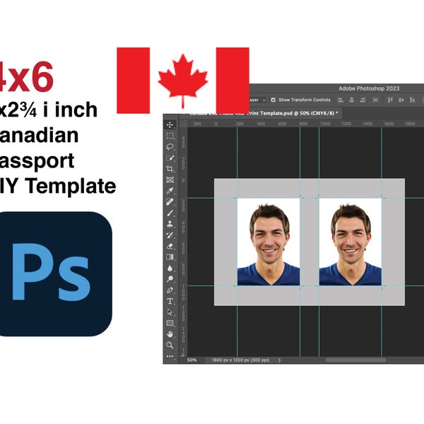 DIY - Do It Yourself - 50mm x 70mm  Canadian Passport Photo  Photoshop Template with Layers