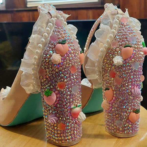 Kawaii Mary Jane Heels - Painted Rhinestones Peaches Cream Lace OOAK!