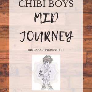 Könnte beinhalten: Eine Schwarzweißillustration eines Chibi-Jungen, der eine Kapuzenjacke, Shorts und Turnschuhe trägt. Die Illustration ist vor dem Hintergrund einer stilisierten Blume platziert. Der Text "CHIBI BOYS MID JOURNEY ORIGNAL PROMPTS!!!" befindet sich oben im Bild.