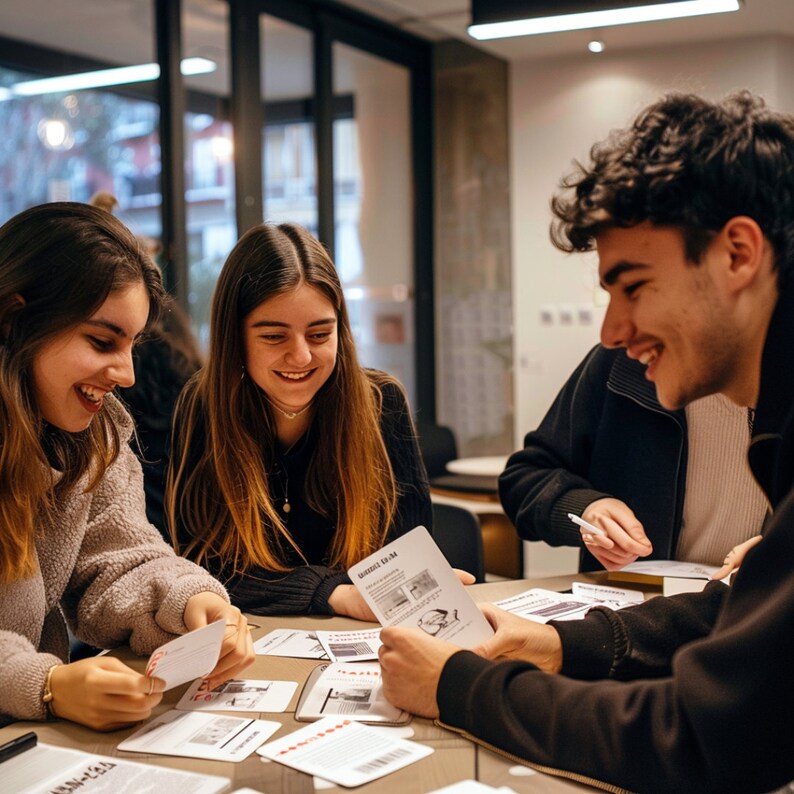 K&ouml;nnte beinhalten: Drei Personen sitzen an einem Tisch und betrachten Karten mit Bildern und Text. Der Text auf einer Karte lautet "Moments & Plans".