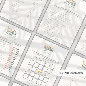 May include: A set of printable baby shower games with a jungle animal theme. The games include "Name That Baby Song", "Guess Who", and "Bingo Baby Shower".